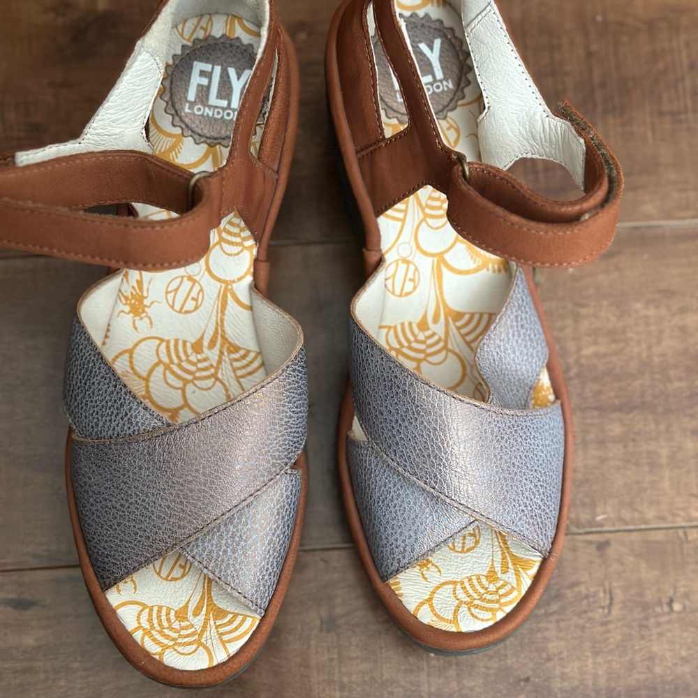 Fly London Women's Brown Leather Wedge Sandals with Metallic Gray Straps